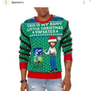 NWT Spencers  Light Up Bob Ross Ugly Christmas Sweater L